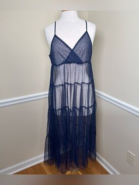 DAZY Tiered Lace Slip Maxi Dress Womens Medium Blue Babydoll Neck Long Layers